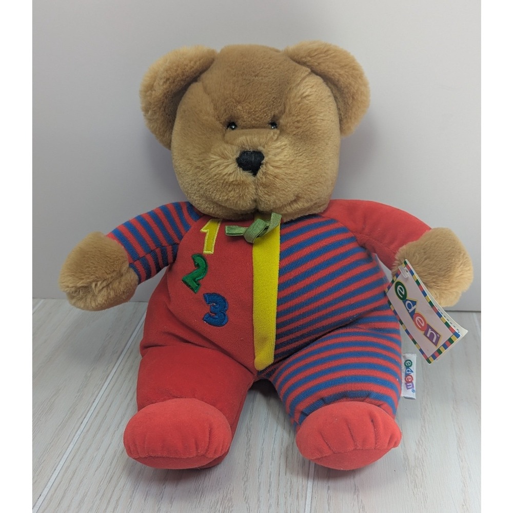 Eden Plush Brown Teddy Bear Red Blue Striped 123 Numbers Pajamas 10486 vintage